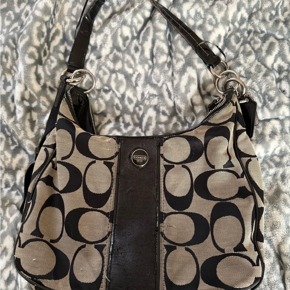 Coach Signature Black and Tan Shoulder Bag
